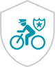 A blue and white icon of a person on a bike.